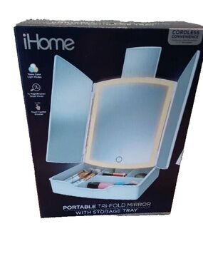 iHome Tri-Fold Lighted Vanity MakeUp Mirror with Storage Tray